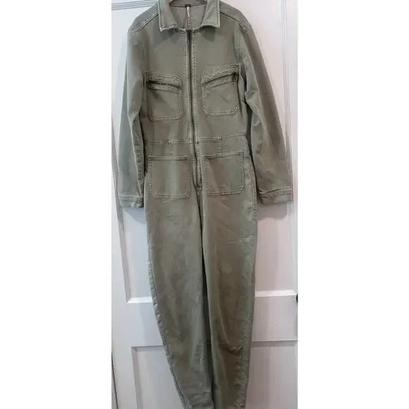 Free People Lennox Denim Utility Jumpsuit Army Green Size S - Picture 6 of 16